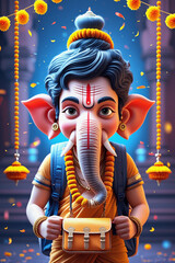 Ganesha with Pink Bag Cute Hindu Deity Sculpture