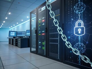 Data center servers with a chain and padlock representing security and blockchain technology concept ai genrated