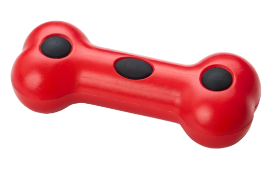 Bright red dog chew toy shaped like a bone with black polka dots isolated on transparent background