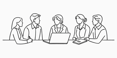 Business meeting line art vector illustration. Minimalist group of professionals discussing at a table with laptop and notepad. Concept of teamwork, collaboration, and planning in office. © MH HASIB