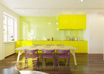 Modern kitchen and dining area with bright yellow cabinets, wooden table, and purple chairs. Contemporary home interior for real estate.