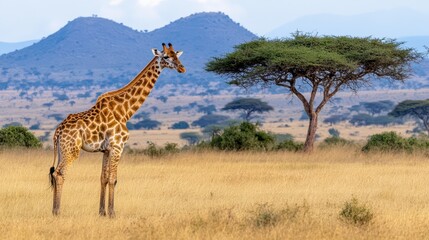 Fototapeta premium Giraffe in the Savannah: A majestic giraffe, distinguished by its patterned coat, gracefully strides across the vast savannah.