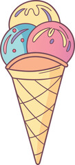 Vector illustration of a colorful ice cream cone with scoops and a waffle cone
