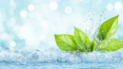 Fresh Splash: A serene image featuring pristine, clear water splashing playfully around fresh green leaves, symbolizing vitality, rejuvenation, and environmental harmony.