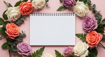 Notepad and floral frame in pastel colors. Spring Summer concept, boho style