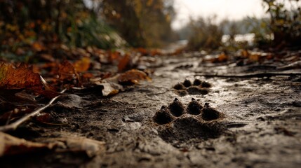 Muddy animal paw prints on forest pathway amidst autumn leaves