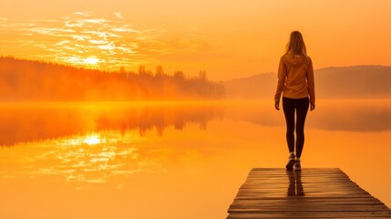 Fototapeta premium Woman finds serenity on a dock, tranquil lake view and peaceful contemplation serene