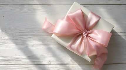 Gift box with pink ribbon on white wooden table. Top view.