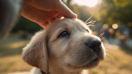 Golden retriever puppy enjoying petting outdoors in sunlit park