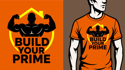 Build Your Prime orange T-Shirt Design – Bold Fitness Typography with Muscular Graphic and Sporty Mockup.

