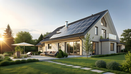 Contemporary house with solar panels and garden patio