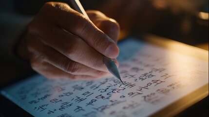 Asian male hand writing korean characters on digital tablet with stylus