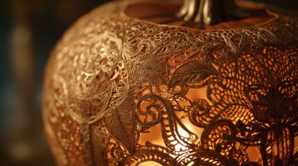 Intricate filigree design on illuminated pumpkin creating warm autumn glow
