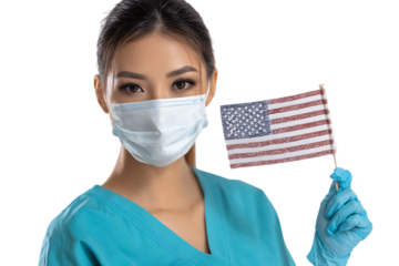 Asian female healthcare worker in a face mask holds an American flag.
