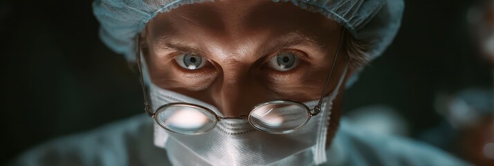 Surgeon exhibiting intense focus and concentration in medical setting
