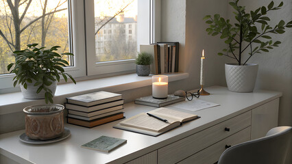 Desk with books plants candle and eyeglasses by window