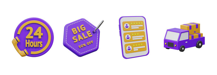 3D e-commerce service and promotion icon set, Transparent Background