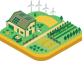 Sustainable eco-farm with solar panels and wind turbines. Isometric vector in earthy greens and browns, combining nature and clean energy in a balanced layout