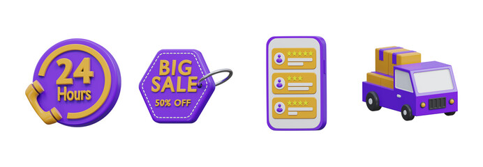 3D e-commerce service and promotion icon set, Transparent Background