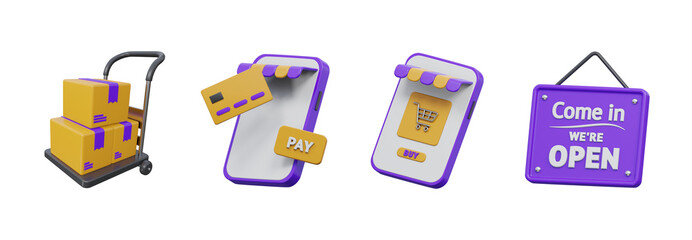 Online store and digital payment 3D icon set, Transparent Background