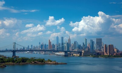 Fototapeta premium New York City skyline with buildings in the background and a bridge over water, viewed from New Jersey's base on an island in front of it there is a blue sky with white clouds Generative AI