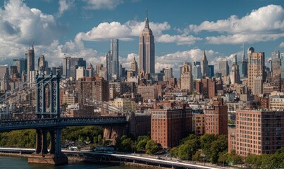 A panoramic view of the New York City skyline, with buildings like the Empire State Building in the foreground and other skyscrapers standing tall against the blue sky with white clouds Generative AI