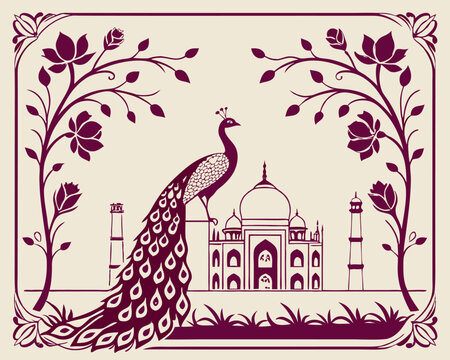 Mughal decorative garden with peacock frame for wedding invitation card. Mughal arch, floral background