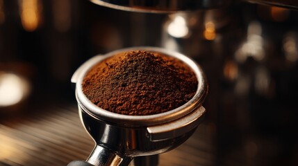 Aromatic coffee grounds in portafilter under espresso machine light