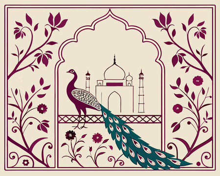 Mughal decorative garden with peacock frame for wedding invitation card. Mughal arch, floral background