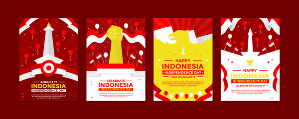 Indonesia Independence Day posters template set with Indonesian flags, balloons, eagles, and national monument perfect for invitation, marketing, advertising, promotional and more