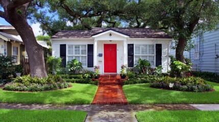 Obraz premium Traditional house with a vibrant red door and white siding, set against a manicured front yard under even daylight. 
