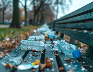 Discarded Plastics: A poignant depiction of environmental impact as discarded plastic bottles litter a park bench, accompanied by fallen leaves.