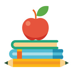 A simple illustration of a pencil resting beside a small stack of books and a red apple on a white background