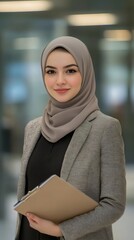 Confident Muslim Businesswoman with Clipboard