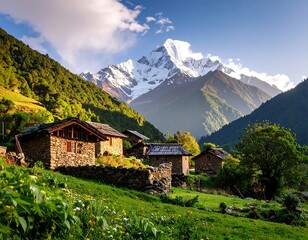 Mountain village nestled in valley