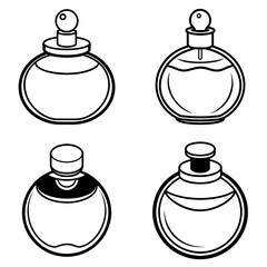 Obraz premium Four perfume bottles with different stopper styles in a black and white line drawing on a white background