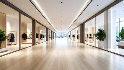 Obraz premium Bright Modern Shopping Mall Interior with Glass Partitions and Wood Flooring