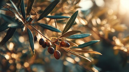 Sunlit olive branch with ripening olives in natural setting