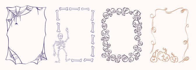 Set of hand drawn doodle Halloween frames. Spiderwebs, skeleton and bones, skull border, and curly pumpkin vine design with jack o lanterns. Vector graphic decoration for greeting cards, invitations.