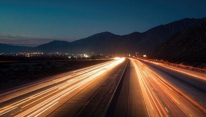 Night highway with blurred car lights. Mountain backdrop