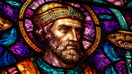 Obraz premium Stained glass art depicting bearded male saint in vibrant colors