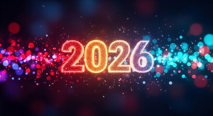 Festive 2026 Text with Colorful Bokeh and Particle Effects.

