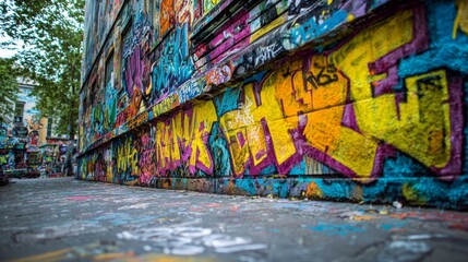 Fototapeta premium Colorful urban alley with vibrant graffiti and street art in a cityscape setting