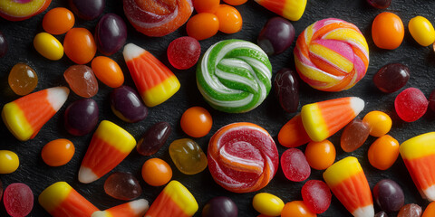 Assorted Halloween Candy Mix on Dark Background candy corn