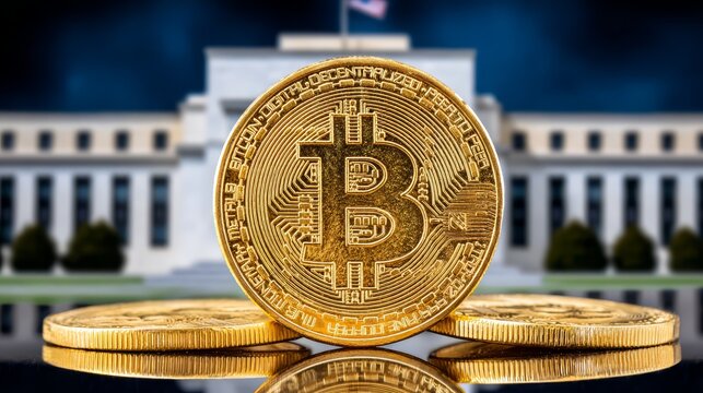 Gold bitcoin on miniature white house, cryptocurrency investment in real estate and finance