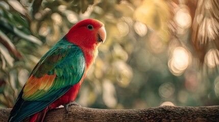 Obraz premium Vibrant colorful parrot perched on branch in sunlit forest setting