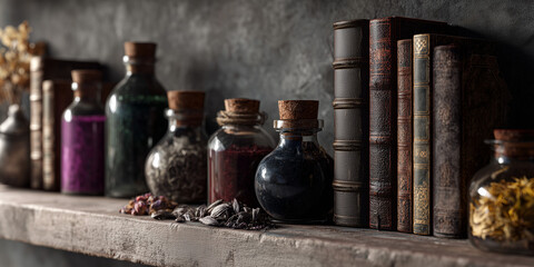 Dark Glass Potion Bottles Dried Herbs Antique Books Wooden Shelf