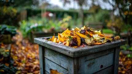 Wooden compost bin filled with colorful autumn leaves in garden setting