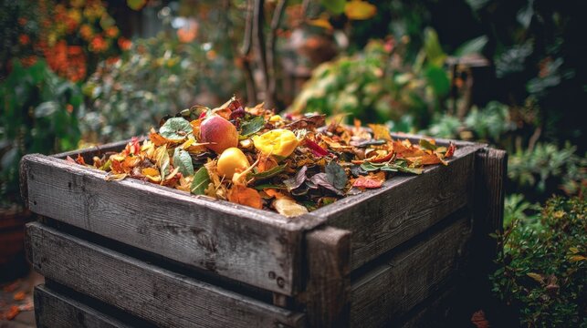 Wooden compost bin filled with colorful autumn leaves and overripe fruits in a garden