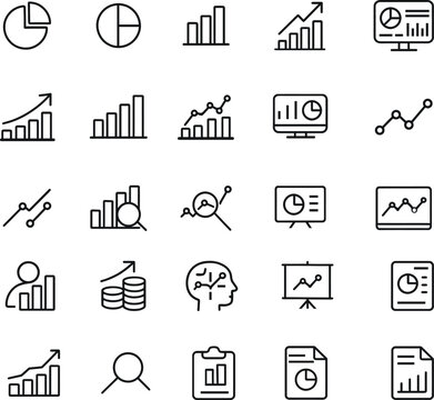 Data Analytics Vector Icon Set with Adjustable Line Weight Featuring Charts, Graphs, Analysis, Reports, Growth Trends, Statistics, Dashboards, and Infographic Element 